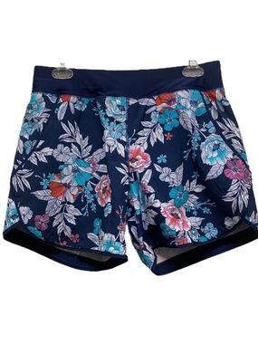 Lands' End Swim Shorts Floral Elastic Drawstring Waist Stretchy Navy Size 6